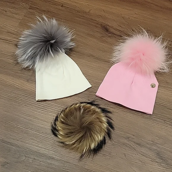 Baby beanie hat with pom poms real fur interchangeable pink and cream hat - Picture 1 of 5